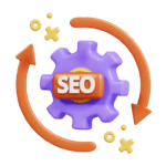 Icon representing search engine optimization (SEO) with a gear and ranking arrows.